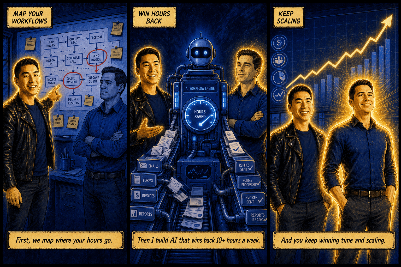 Three-panel inked comic in royal blue, no title or footer banners. The guide (an Asian man) glows warm gold throughout; the business owner (a white man) starts dim and his golden glow rises panel to panel as his dependence on himself drops and the business scales. Panel 1, MAP YOUR WORKFLOWS: the guide points at a wall workflow map of how the business runs, with the spots that eat the owner's hours circled in red; the owner stands beside him, still dim and un-glowing. Caption: First, we map where your hours go. Panel 2, WIN HOURS BACK: the two stand on either side of a glowing blue AI machine that turns a stack of busywork into finished work, with a dial showing hours saved; the owner is partially glowing. Caption: Then I build AI that wins back 10+ hours a week. Panel 3, KEEP SCALING: the owner stands tall, fully blazing with golden light beside a rising business-growth chart, the Asian guide still glowing steadily beside him. Caption: And you keep winning time and scaling.