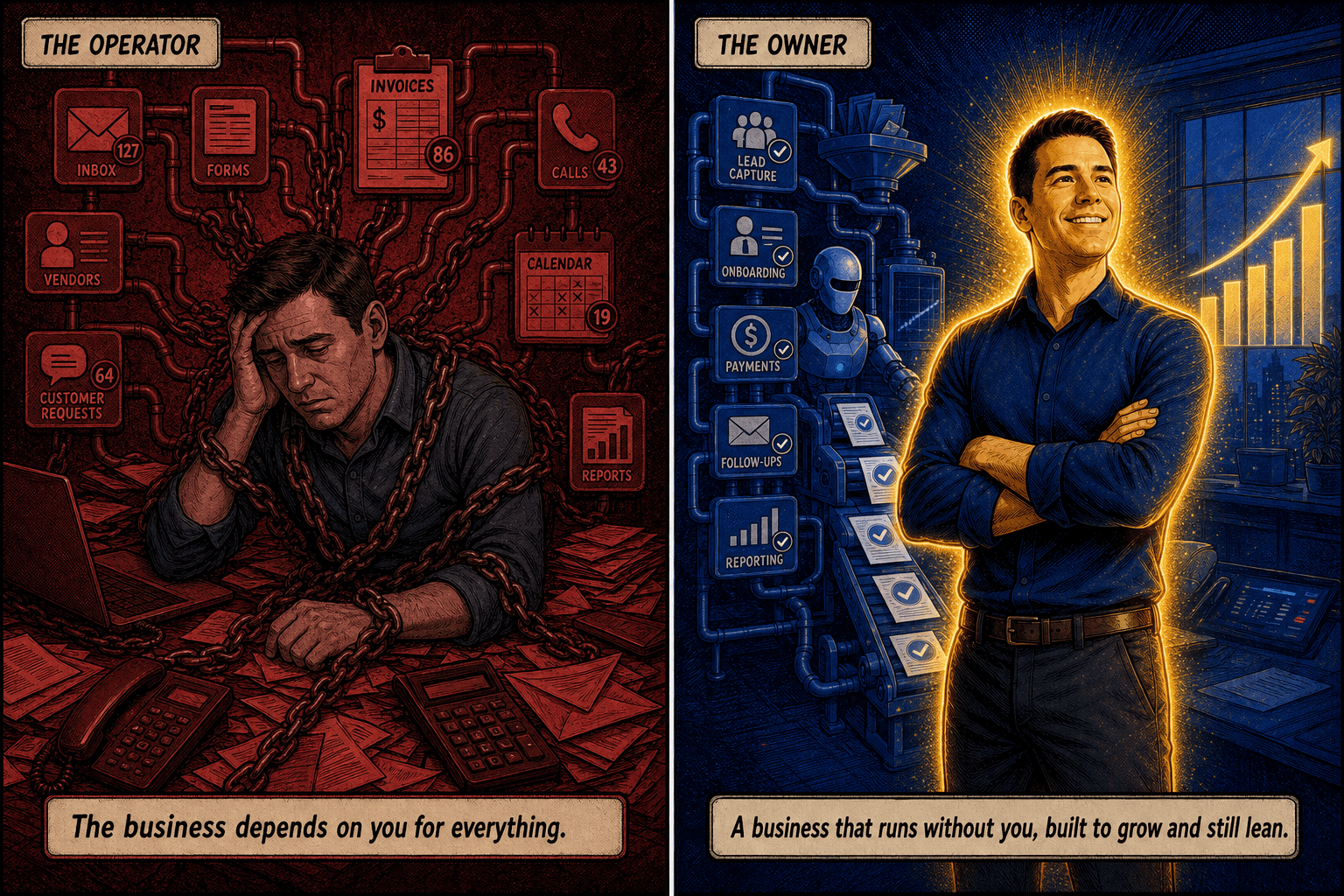 Before-and-after inked comic diptych. Left panel, THE OPERATOR: a red problem world where the business owner is drained, slumped, dim and un-glowing, buried under an avalanche of busywork all chained to him, the whole business hanging off his shoulders. Caption: The business depends on you for everything. Right panel, THE OWNER: a royal-blue world where the same man stands tall, blazing with warm golden light and a halo, calm and free, while the business runs itself lean behind him and a growth chart climbs. Caption: A business that runs without you, built to grow and still lean.